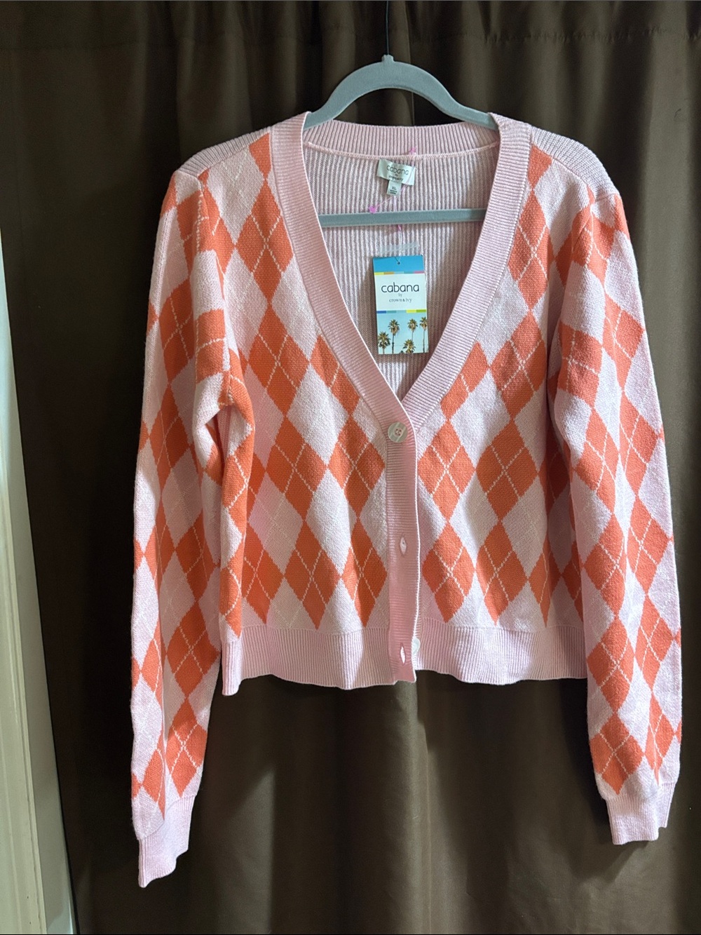 crown & ivy Pink and Orange Argyle V-Neck Cardigan